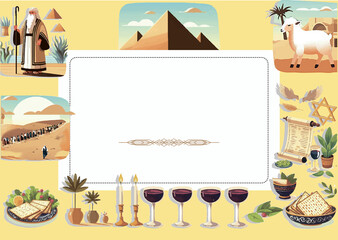 Postcard, invitation, personalized on the table, landscape orientation. Jewish holiday of the exodus from Egypt. Collection with Seder plate, food, matzo, wine, torus, pyramid. Isolated on sand backgr