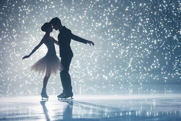 Couple Standing in the Snow, A romantic scene of a pair of figure skaters in a synchronized performance, surrounded by sparkling ice particles, AI Generated - obrazy, fototapety, plakaty