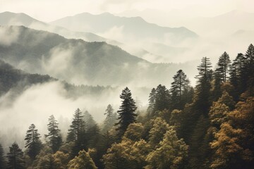 Ethereal Smoky cloudy mountains trees natural. Cloud nature. Generate AI