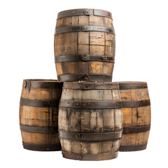 Obraz premium Three barrels lie on top of each other in a pyramid. Old wine barrels isolated on a white or transparent background, close-up, side view. Production and storage of grape wine on an industrial scale.