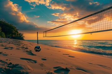 A beach volleyball net and ball are set up on the sandy beach, ready for a game, A scenic beach at...