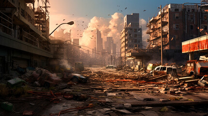 a city street with a lot of debris and buildings