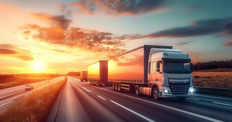 Container Trucks Speed Along the Highway Under the Glow of a Setting Sun