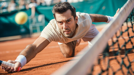  Intense Tennis Match: Male Player in Defensive Stance - obrazy, fototapety, plakaty