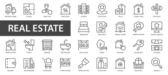 Real estate line icons set. Set Real estate flat icons collection. Rent, building, agent, house, auction, realtor, property, mortgage, home and more.
