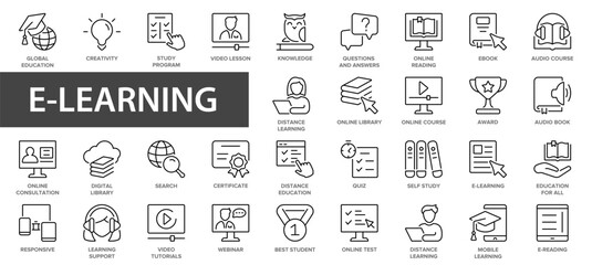 Fototapeta na wymiar E-learning, online education line icons set. 60 Electronic learning icons. Distance learning collection thin line icons collection.