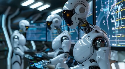 In a laboratory environment, a cybernetic robot researches materials, predicting their possible application in future technologies and science.