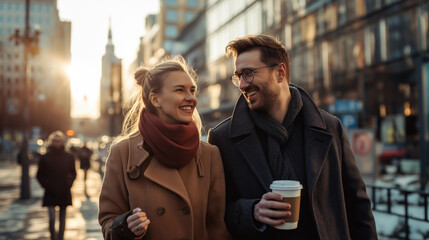 A man and a woman walking down the street smiling and drinking coffee, golden hour