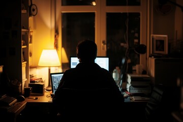 Fototapeta premium A man is seen sitting in front of a laptop computer, engaged in work or other online activities, A screen-lit face in a dark room, depicting late night work from home, AI Generated