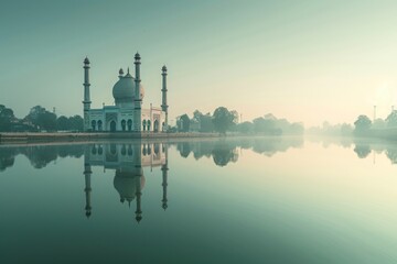 Naklejka premium A Large Body of Water With a Building in the Background, A serene river reflecting a mosque's domes, AI Generated