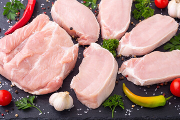 Raw pork meat steak on cutting board