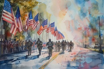 A painting depicting a group of people walking down a busy street, A serene watercolor painting of a Memorial Day parade with American flags and marching veterans, AI Generated - obrazy, fototapety, plakaty