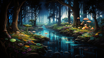 Bioluminescent forest school soft pastel lights guiding students in their educational journey