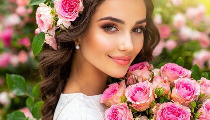 Beautiful white girl with flowers. Stunning brunette girl with big bouquet flowers of pink roses