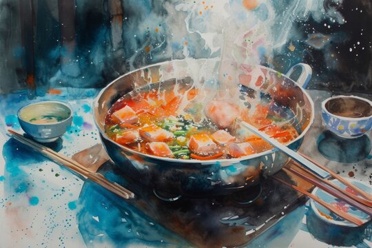 This photo depicts a painting of a bowl of food with chopsticks, showcasing the traditional culinary customs of East Asia, A serene watercolor painting of simmering Chinese hot pot, AI Generated
