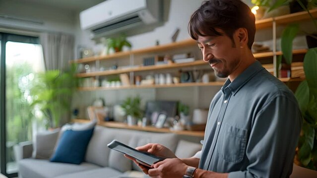 Asian family Adjusting a temperature air conditioner using a tablet with smart home app in modern living room ,generative ai