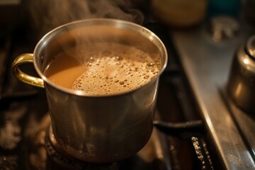 A cup filled with liquid sitting on top of a hot stove, A soothing scene of a pot of masala chai simmering on the stove, AI Generated