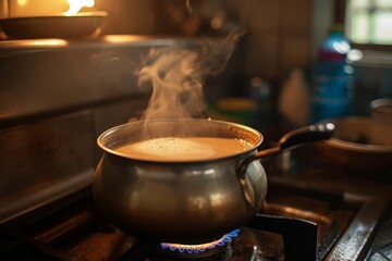 Fototapeta premium A pot on a stove with steam rising from it in a kitchen, A soothing scene of a pot of masala chai simmering on the stove, AI Generated
