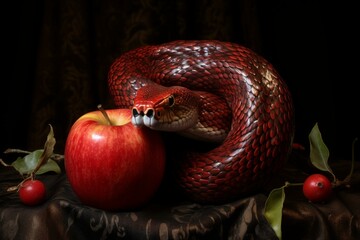 Enticing Snake apple sin temptation. Biblical forbidden fruit with evil serpent animal. Generate ai