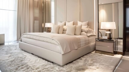 Contemporary Minimalist Bedroom with Mirrored Wall and Upholstered Bed AI Generated.