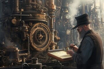 A man confidently stands before a towering and complex machine, showcasing his involvement in heavy industry, A steampunk inspired mechanic with a complex machinery as a backdrop, AI Generated - obrazy, fototapety, plakaty