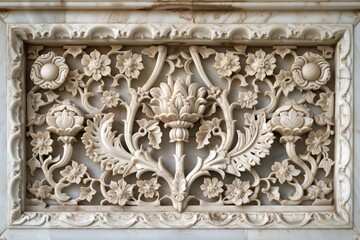 Fototapeta na wymiar A decorative wall panel adorned with intricate handcrafted flowers and foliage, adding an elegant touch to any space, A stunning Islamic 'Jali' screen carved from marble, AI Generated