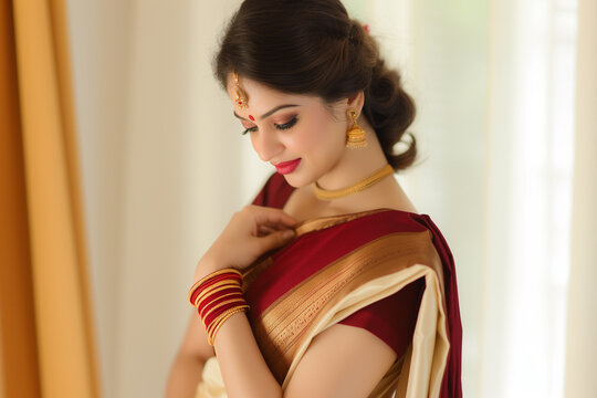 narendra bharat gold maroon red and cream cotton saree