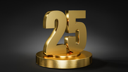 The number 25 on a pedestal / podium in golden color in front of dark background with spot light.