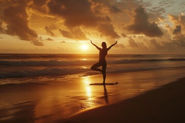 A person confidently stands on a surfboard while riding a wave on a picturesque beach, A sunset yoga session on a beach, AI Generated