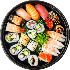Assorted sushi platter top view, cut out transparent