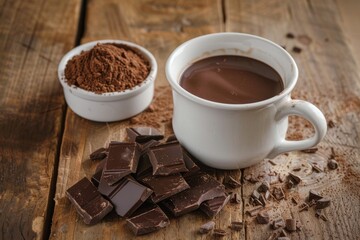 Hot chocolate in white ceramic mug, pieces and chocolate powder in bowl on wooden table. Elevated view. Horizontal composition.