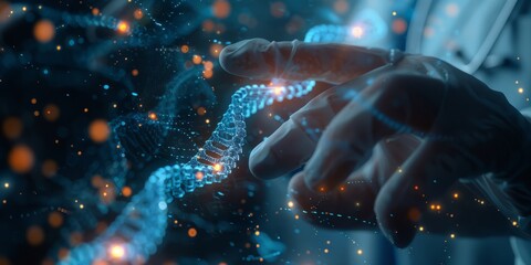 DNA strands, healthcare, artificial intelligence. DNA double helix, digital AI elements interweaving, AI and gene research