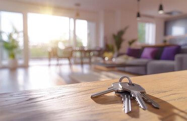 New Home Real Estate - Keys on Table with Sunny Interior of modern living room
