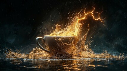 A powerful image depicting a coffee cup amidst a stormy backdrop with dramatic lightning and rain effects