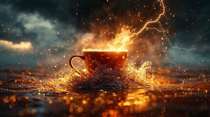 A mesmerizing image of a coffee cup bursting with effervescent lightning against a dark, moody background - 762555278