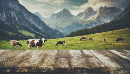 Empty rustic old wooden boards table copy space with cows grazing on alpine meadow in background, some mountains at distance. Dairy milk product display - obrazy, fototapety, plakaty