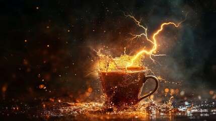 This captivating image showcases a coffee cup on a dark background with bolts of lightning giving the cup a magical energy - obrazy, fototapety, plakaty