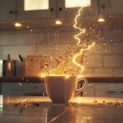 A visually striking coffee cup making a splash with dazzling lightning effects on a kitchen counter