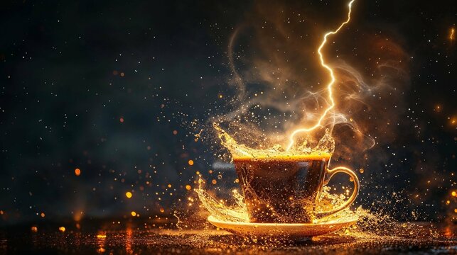 A mesmerizing image of a coffee cup amidst a storm of sparks and lightning illustrating a powerful energy boost