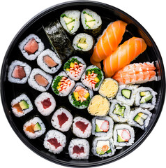 Assorted sushi platter top view, cut out transparent