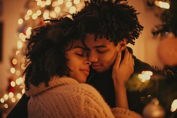 couple embracing during christmas at home