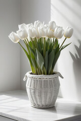 Tender Easter card white beautiful tulips in a woven basket on a white table.