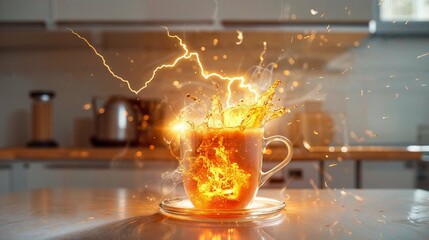 A bright and clear kitchen scene with a coffee mug experiencing a lively splash and light effects