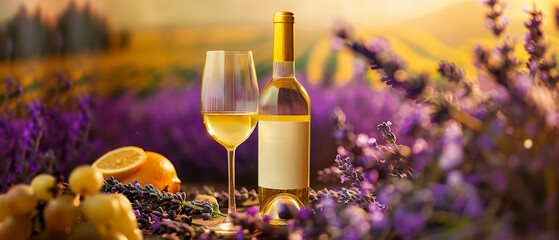 Bottle of white wine and a glass are on a table with purple flowers and fruits, blurred background