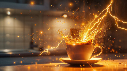A dynamic image capturing a coffee cup with a high-speed splash that resembles lightning, set against a blurred background