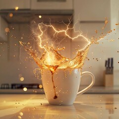 A simple white coffee cup with a dynamic splash and electric effects on a kitchen setup