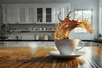 The image portrays an explosive coffee splash over a rustic wooden table in a cozy kitchen setting