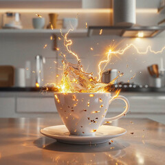 A white cup with a splash of coffee that looks like electric sparks on a kitchen counter