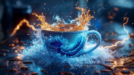 A vibrant blue cup in midst of a dramatic coffee splash with water droplets, capturing a high-speed moment