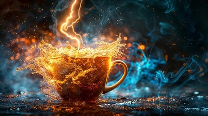A dramatic golden coffee splash from a rustic cup, highlighted against a dark backdrop